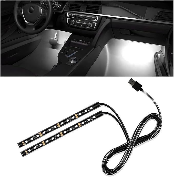 Wevdn Car Interior LED Strip Light, 12V 24 LED Waterproof Neon Ambient Night Light with USB Port, Automotive Atmosphere Decorative Under Dash Lighting Kit, Car Accessories (White)