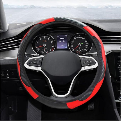 Car Steering Wheel Cover, 15 Inch Carbon Fiber Leather Elastic Steering Wheel Protector, Anti-Slip, Breathable & Soft Car Interior Accessories Universal for Most Cars, Men & Women (Red)