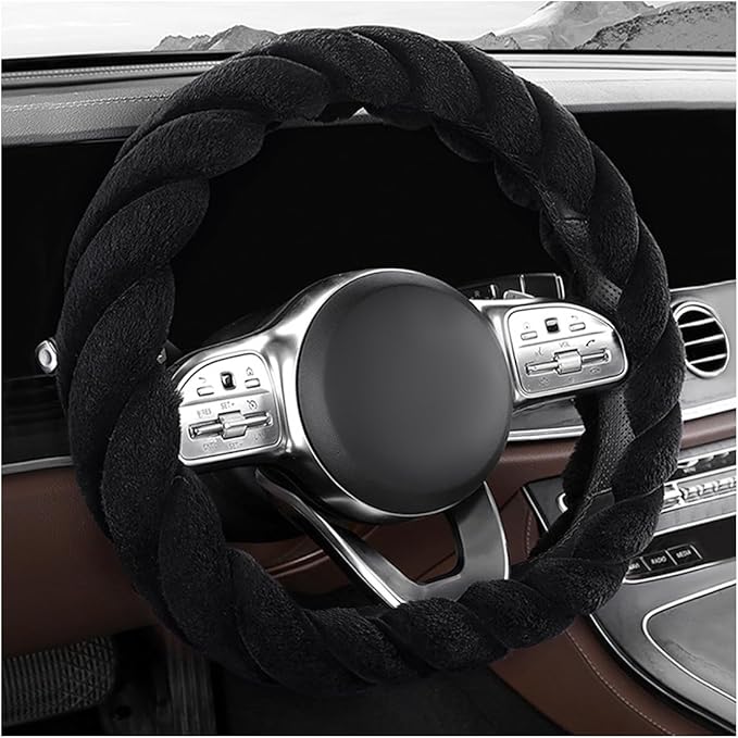 KVAEY Fluffy Car Steering Wheel Cover, 15 Inches Anti-Slip Round Fuzzy Winter Steering Wheel Protector, Soft Warm Plush Steering Wheel Cover for Women Girls, Car Accessories (Black, D-Shaped)