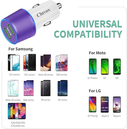 Rapid USB C Car Charger, Compatible for Samsung Galaxy S26/S25 Plus/Ultra/S24/S23/S22/S21/Note 20/S20/S10/S9/A56/A36/A50/A70, Quick Charge 3.0 Dual USB 18W Fast Car Charger+ Type C Cable 3.3ft-Purple