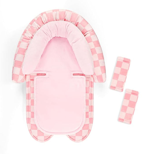 Infant Car Seat Insert with 2 Strap Pads, Carseat Cushion Baby Boy & Girl, Soft and Comfortable Carseat Head Support for Newborn, Pink Checkered