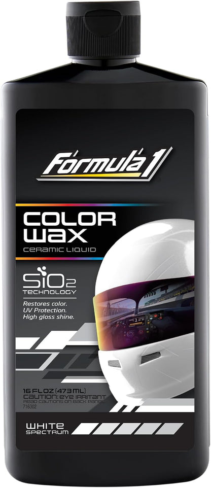 Formula 1 Color Wax Liquid for White Cars, Gives Ceramic Water Beading Protection and Ultimate Shiny Finish, Fills Minor Scratches with Color-Match Pigment, 16 oz