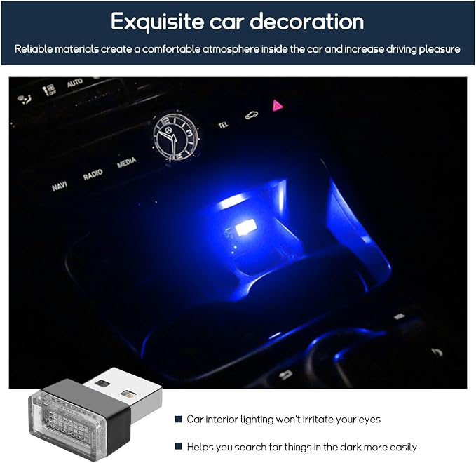 Dickno 4 PCS USB LED Car Interior Atmosphere Lamp, Portable Mini LED Night Light, Plug-in USB Interface Trunk Ambient Lighting Kit, Universal Vehicle Interior Accessories (Blue)