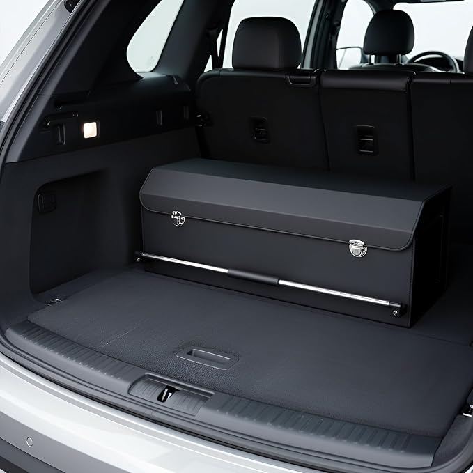 Car Trunk Organizer, Leather Car Trunk Storage Organizer with Lid and Sturdy Handle Car Organizer Storage Box Suv Trunk Organizer (Black, 32.3 x 11.4 x 12.2in)