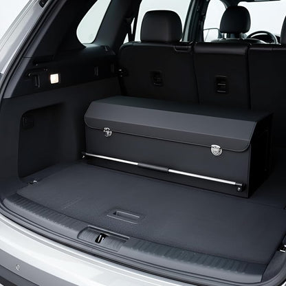 Car Trunk Organizer, Leather Car Trunk Storage Organizer with Lid and Sturdy Handle Car Organizer Storage Box Suv Trunk Organizer (Black, 32.3 x 11.4 x 12.2in)