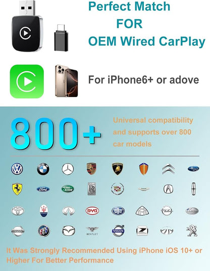 CarPlay Adapter for iPhone, Wireless Car Play Adapter, Converts OEM Wired Apple CarPlay to Wireless, Extension USB & USB-C/Type-C, Low Latency