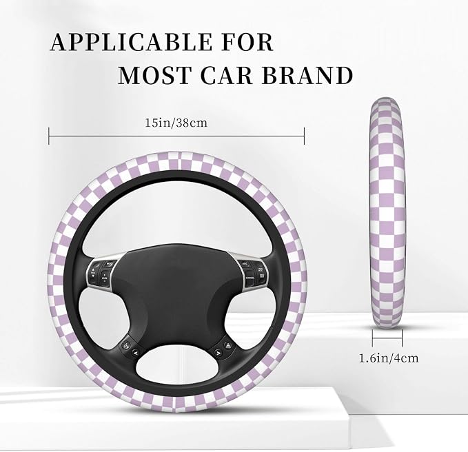Light Purple Checkered Steering Wheel Cover for Women, Universal Auto Steering Wheel 14-15 Inch Car Interior Accessories with 2PCS Car Coasters, Suitable for Men and Women