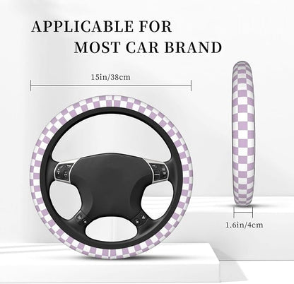 Light Purple Checkered Steering Wheel Cover for Women, Universal Auto Steering Wheel 14-15 Inch Car Interior Accessories with 2PCS Car Coasters, Suitable for Men and Women