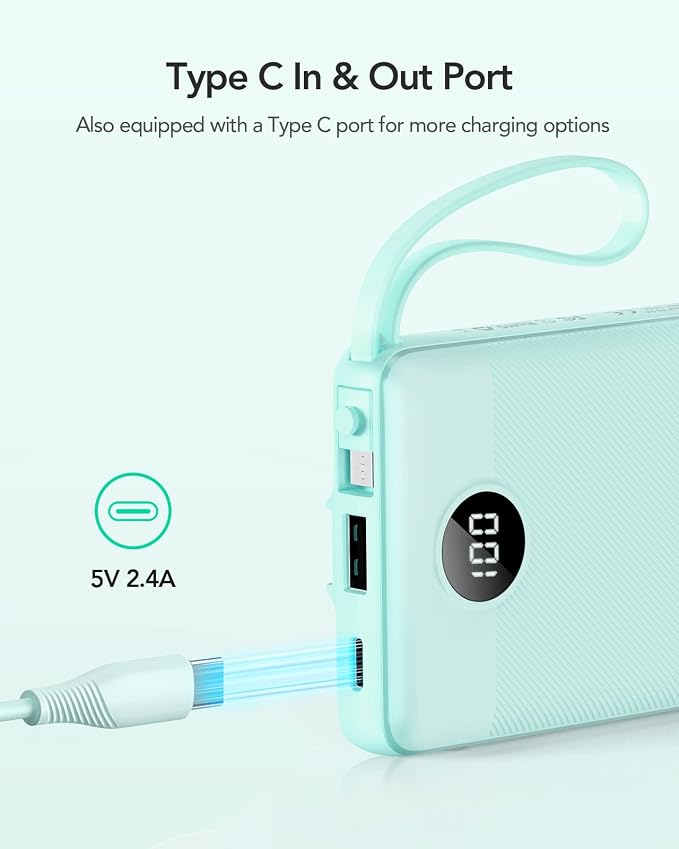 VRURC Portable Phone Charger for iPhone, 10000mAh Power Bank Built in Cables & Lanyard, Slim USB C Battery Bank 5 Outputs for Multi Devices,Travel Essential for College Students Teen Boys Girls-Green