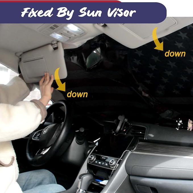 IC ICLOVER American Flag Windshield Sun Shade, 240T Polyester Car Sun Visor Blocks Heat and UV Rays Sun Protection, Foldable Sun Shield Keeps Your Vehicle Cool (Medium 59x33in)