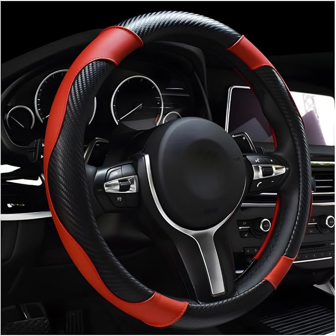 DXNQ Car Steering Wheel Cover, 15 Inch Carbon Fiber Leather Stitching Color Steering Wheel Protector, Anti-Slip Elastic Breathable Steering Wheel Cover Stylish Decor for Most Cars (Black&Red)