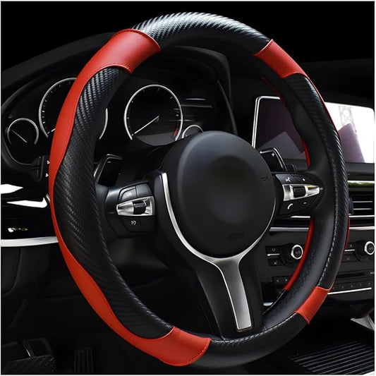 DXNQ Car Steering Wheel Cover, 15 Inch Carbon Fiber Leather Stitching Color Steering Wheel Protector, Anti-Slip Elastic Breathable Steering Wheel Cover Stylish Decor for Most Cars (Black&Red)