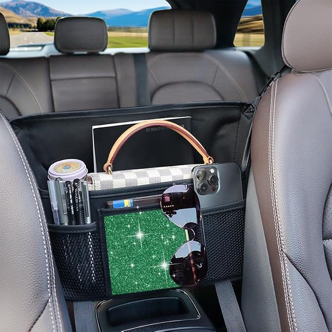 Green Diamond Car Handbag Holder Between Seats Bling Rhinestone Car Storage Bag Large Capacity Purse Phone Automotive Consoles Organizer Safe Barrier of Backseat Pet Kids