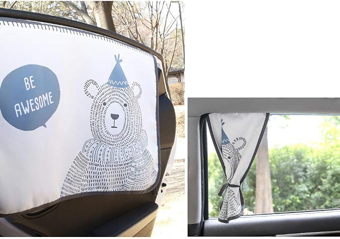 Magnetic Car Sun Shade Curtain for Side Window – Sun Blocker and UV Protector for Baby, Kids, and Pets – Universal Fit with Built-in Magnets for Steel-Framed Door (Be-Awesome Bear)