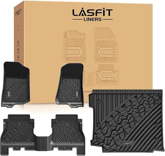 LASFIT Floor Mats & Trunk Mat for Jeep Wrangler JL 2018-2025 2026 4 Door Cargo with SUBWOOFER, All Weather TPE Custom Cargo Mat Fit for Flat Load Floor Gas Type (Not for JK/Not PHEV/Not 2-Door)