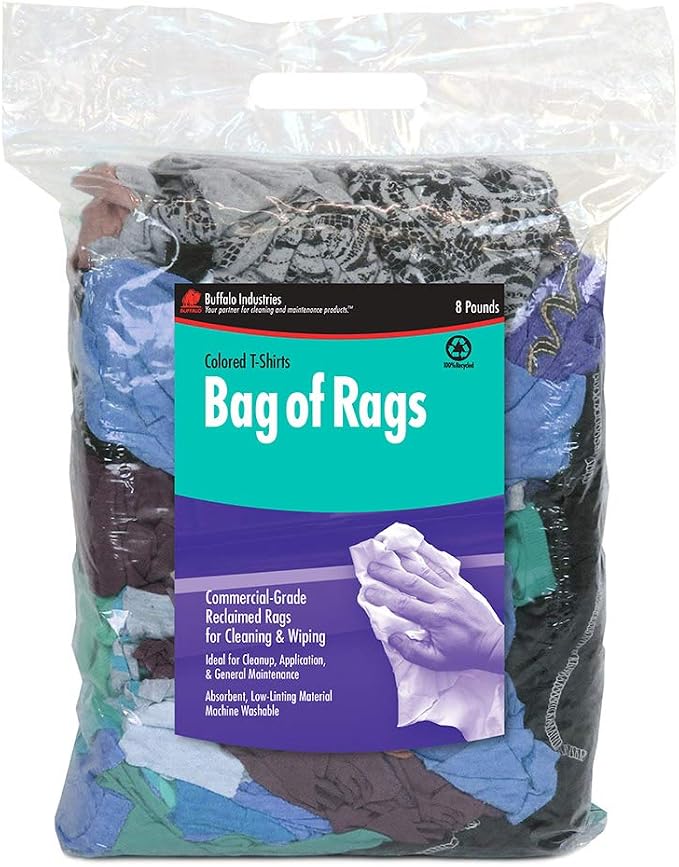 Buffalo Industries (10087PB Recycled Multicolored T-Shirt Cloth Rags, 8 lb. Bag, All-Purpose Rag for Cleaning, Paint Spills and Cleanup, Staining, Polishing, Dusting, Made from Recycled Materials