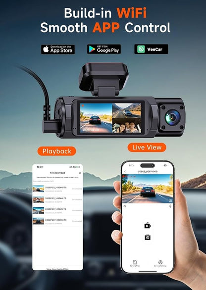 4K 3 Channel Dash Cam Front and Rear Inside, Dash Camera for Cars WDR Night Vision, 2 Inch IPS Screen WiFi App Control, 24H Parking Mode G-Sensor 32GB SD Card Included Support 256 GB Max