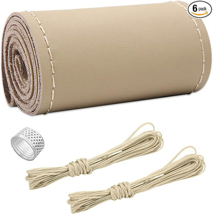 Ziciner Genuine Leather Steering Wheel Cover, Stitch on Wrap, Breathable Anti-Slip Car Steering Wheel Protector for Max Diameter 15 Inch, DIY Sewing with Needles Thread (Beige, Glossy)
