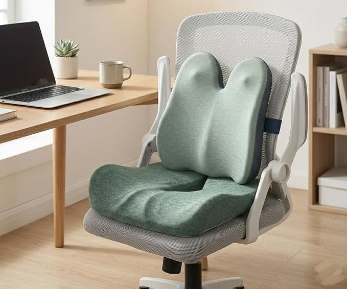 Seat Cushion & Lumbar Support Pillow Set for Office Chair, Memory Foam Seat Cushion with Adjustable Strap, Comfort Support Cushions for Office Chair, Car and Wheelchair (Green)