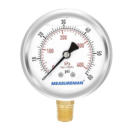 MEASUREMAN 2-1/2inch Dial Size, Liquid Filled Pressure Gauge, 0-60psi/kpa, 304 Stainless Steel Case, 1/4inNPT Lower Mount