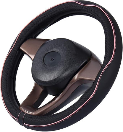 Mayco Bell Small Size Steering Wheel Cover Anti-Slip,Safety,Soft,Breathable,Durable,Full Surround,Comfortable Grip Microfiber Leather (14-14.25 inch, Black Pink)