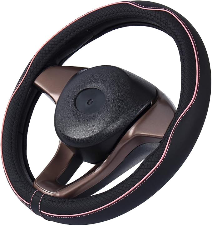 Mayco Bell Large Size Steering Wheel Cover Anti-Slip,Safety,Soft,Breathable,Durable,Full Surround,Comfortable Grip Microfiber Leather (15.5-16 inch, Black Pink)