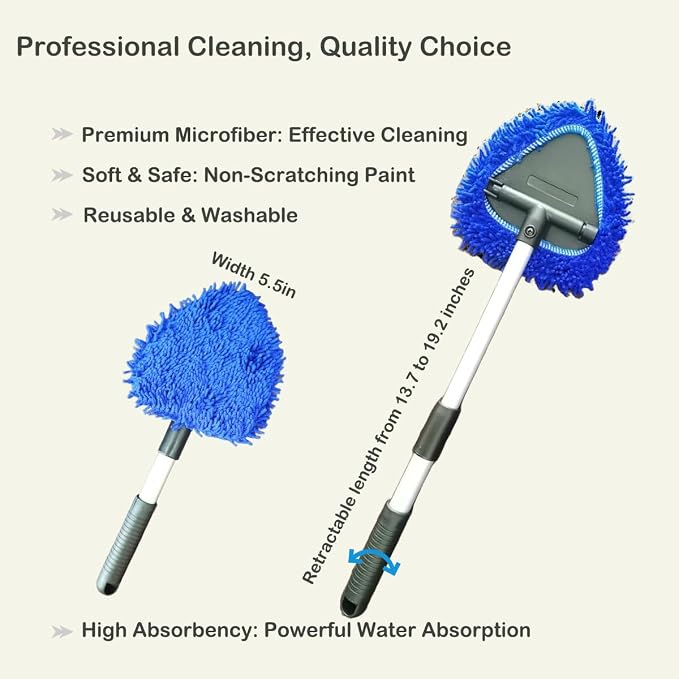 Premium Clay Towel & Windshield Cleaning Tool Kit – 4 Reusable Microfiber Pads, Extendable Handle & Detailing Clay Towel – Car Glass & Paint Care Combo