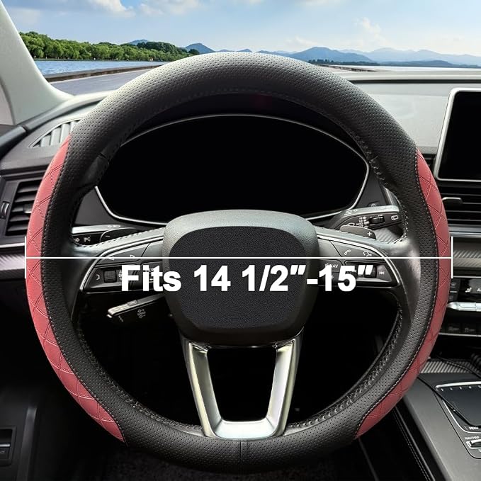 LKWLIKEI Nappa Leather Steering Wheel Cover,Elegant Diamond Checkered Design, Non-Slip wear-Resistant, Enhance Driving Comfort, Suitable for Steering Wheel Diameter 14 1/2‘-15’ Models