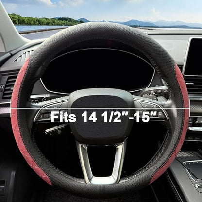 LKWLIKEI Nappa Leather Steering Wheel Cover,Elegant Diamond Checkered Design, Non-Slip wear-Resistant, Enhance Driving Comfort, Suitable for Steering Wheel Diameter 14 1/2‘-15’ Models