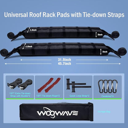 WOOWAVE Premium Kayak Roof Rack Pads Universal Soft Car Roof Rack Carrier for Canoe/Surfboard/Paddleboard/SUP/Snowboard with 6 Tie Down Straps, 2 Tie Down Rope, 2 Quick Loop Strap and Storage Bag