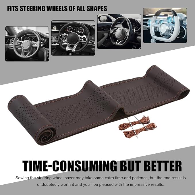 Wevdn Genuine Leather Steering Wheel Cover, Stitch on Wrap, DIY Sewing Steering Wheel Protector, 15 Inch Breathable Non-Slip Steering Wheel Protector, Car Accessories (Coffee, Middle Hole)