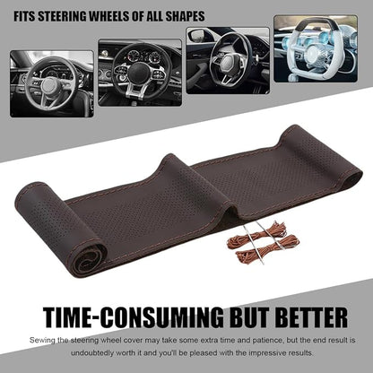 Wevdn Genuine Leather Steering Wheel Cover, Stitch on Wrap, DIY Sewing Steering Wheel Protector, 15 Inch Breathable Non-Slip Steering Wheel Protector, Car Accessories (Coffee, Middle Hole)