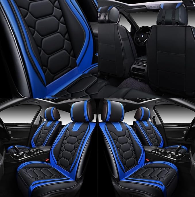 OASIS AUTO Car Seat Covers Front Seats, Sporty Honeycomb Waterproof Faux Leather Protectors, Universal Fit for SUV, Sedan, Truck Interior Accessories (OS-004 Black&Blue)