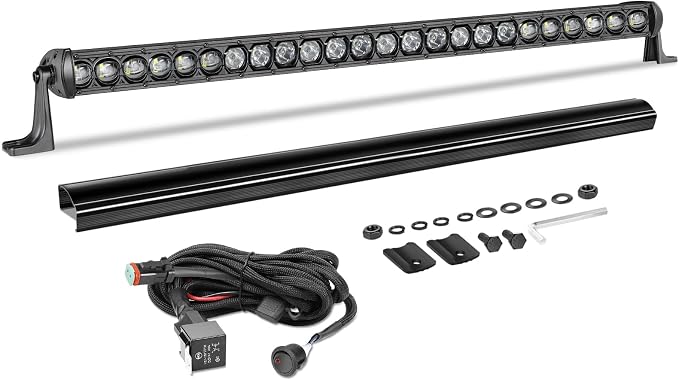 30 Inch Light Bar Kit, AKD Part 168W OSRAM LED Slim Single Row LED Light Bar w/Wiring Harness Black Cover Spot Flood Combo Offroad Driving Bumper Grille Roof Lights for Trucks Pickup UTV SUV RZR