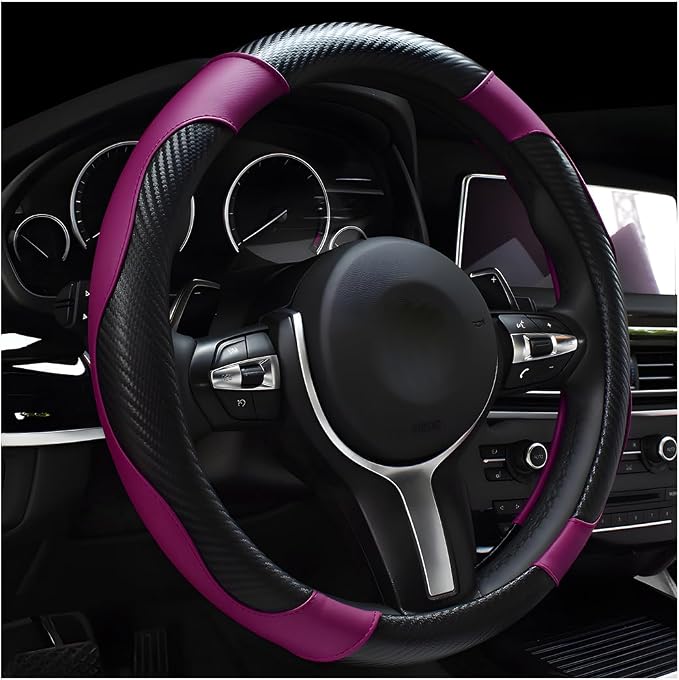 DXNQ Car Steering Wheel Cover, 15 Inch Carbon Fiber Leather Stitching Color Steering Wheel Protector, Anti-Slip Elastic Breathable Steering Wheel Cover Stylish Decor for Most Cars (Black&Purple)