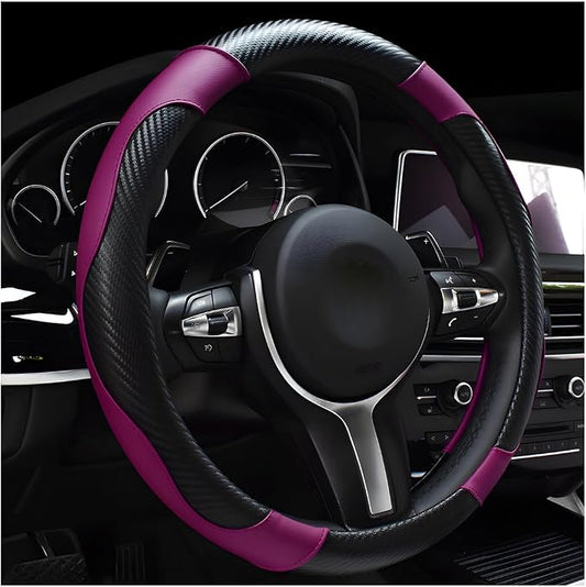 DXNQ Car Steering Wheel Cover, 15 Inch Carbon Fiber Leather Stitching Color Steering Wheel Protector, Anti-Slip Elastic Breathable Steering Wheel Cover Stylish Decor for Most Cars (Black&Purple)