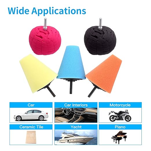 5Pcs Car Wheel Hub Drill Buffing Sponge Pads Kit,3 Inch Shank Polishing Pads for Wheel Hub Cleaning, Auto Cone Metal Polish Buffing Polishing Ball,Drill Buffer Polisher Attachment