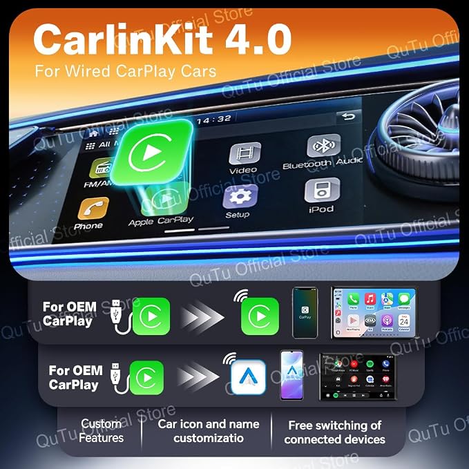 CarlinKit 4.0 Wireless CarPlay 2026 Apple - Wireless CarPlay Adapter for OEM Factory Wired CarPla y Cars 2 in 1. Plug & Play, Wired to Wireles s, Auto Connect, Online Upgrade, 5.8GHz Wi-Fi GPS