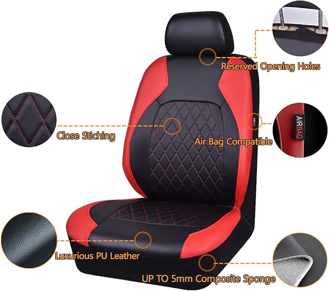 Universal Faux Leather Car Seat Covers Full Set Airbag Compatible Breathable Fit for Cars Trucks SUVs Deluxe Pu Luxury Vinyl(Black with Red)