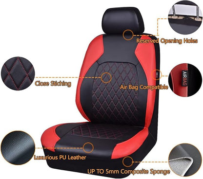 Universal Faux Leather Car Seat Covers Full Set Airbag Compatible Breathable Fit for Cars Trucks SUVs Deluxe Pu Luxury Vinyl(Black with Red)