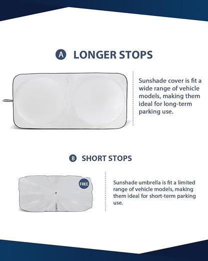Universal Foldable Windshield Sunshade Sun Shade Umbrella 2PCS for Cars, Trucks & SUVs,Blocks Heat & Keeps Interior Cool,Long & Short Frequency Demand(Sunshade 62.99"x33.86",Umbrella 55.12"x31.5")