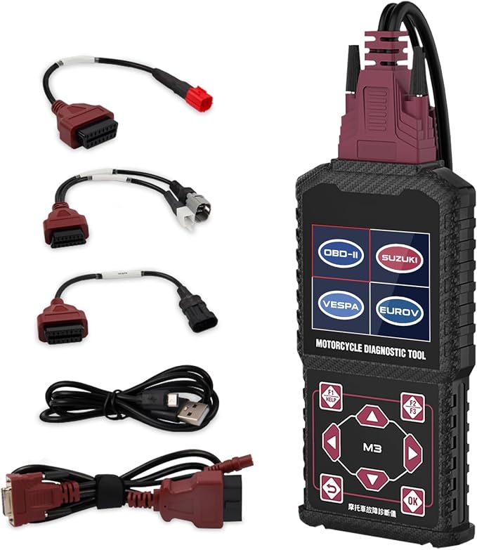 M3‑C Motorcycle Diagnostic Tool for Suzuki 6P/4P, Vespa, EUROV 6P – Read/Clear Fault Codes & Live Data, ECU/Service/Throttle Reset, ABS Bleed, OBD2 Scanner