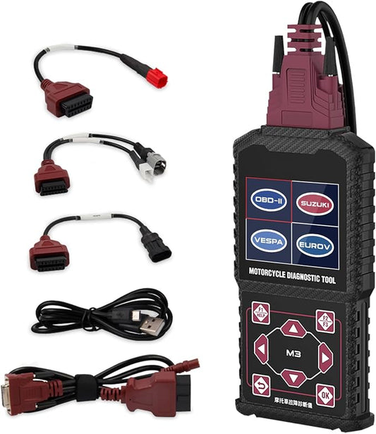 M3‑C Motorcycle Diagnostic Tool for Suzuki 6P/4P, Vespa, EUROV 6P – Read/Clear Fault Codes & Live Data, ECU/Service/Throttle Reset, ABS Bleed, OBD2 Scanner