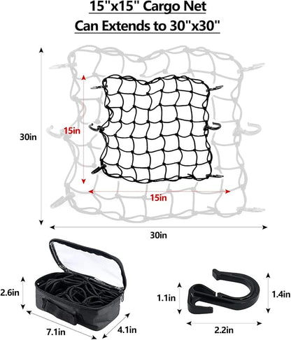 15"x15" Universal Truck Bed Net Black Latex Bungee Cargo Net Extends to 30"x30" with 6 Adjustable Hooks & Tight 2"x2" Mesh by Cenipar
