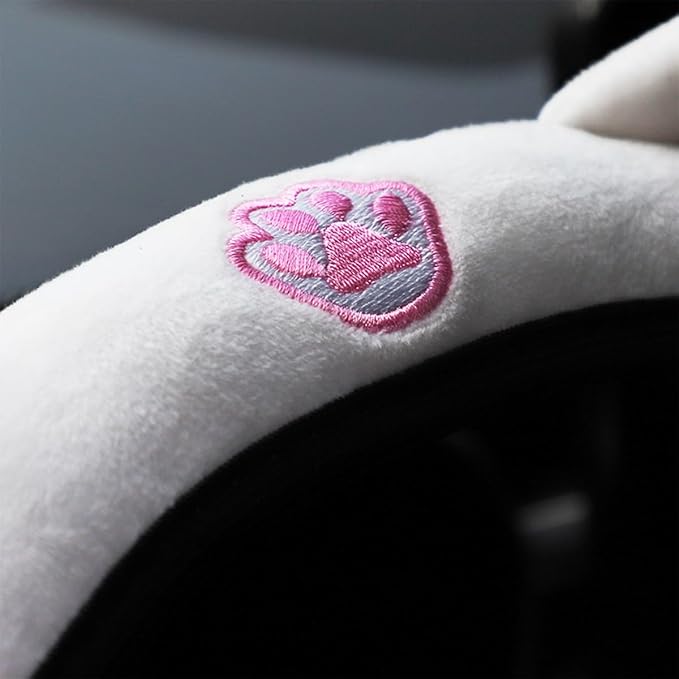 Bittwee Car Steering Wheel Cover, Fluffy Soft Plush for Winter Warm, Cute Steering Wheel Protector with Kitty Cat Ears, Universal 15 Inch, Elastic & Anti-Slip, Lovely Decor Car Accessories (Rose Red)