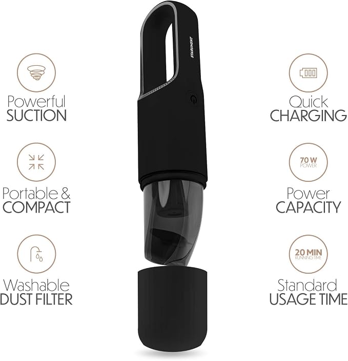 STARUMENT Portable Hand Vacuum Cleaner Handheld Cordless Cleaner for Dust Pet Hair Dirt Home Car Interior Lightweight, Easy to Use, Compact Design Battery Rechargeable with USB-C Cable - Black
