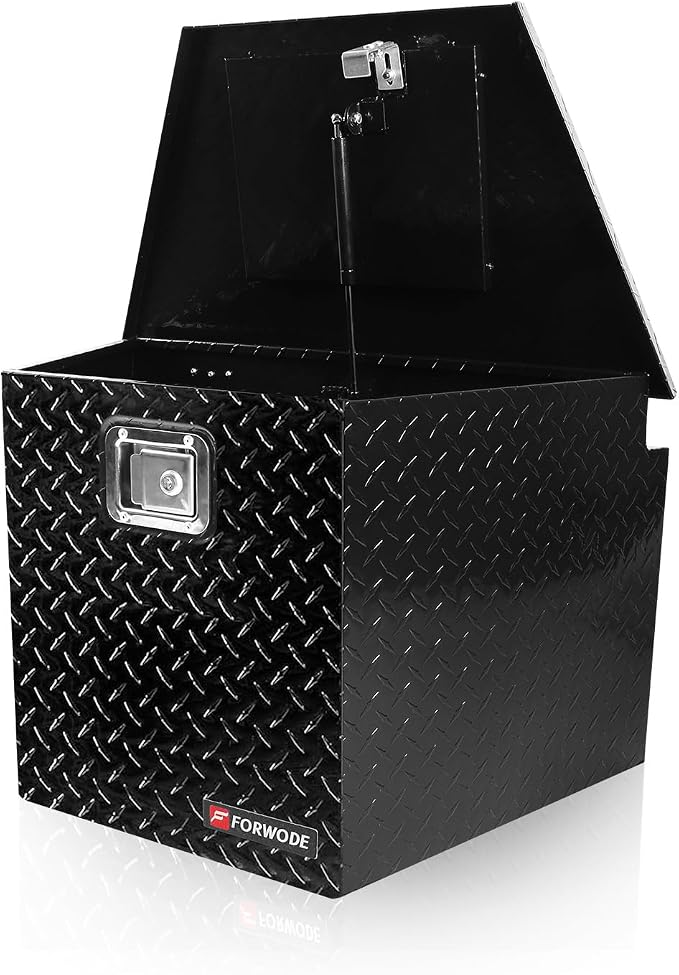 FORWODE Trailer Tongue Box 29 Inch Aluminum Tongue Tool Box Lockable Trailer Tool Chest with Gas Strut, Secure Diamond Plate Truck Tongue Tool Box for Trailer, Truck Bed, Pickup & RV Storage (Black)