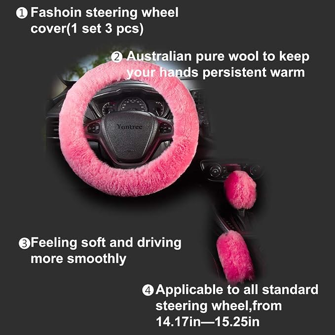 Yontree Fashion Fluffy Steering Wheel Covers for Women/Girls/Ladies Australia Pure Wool 15 Inch1 Set 3 Pcs(Pink)