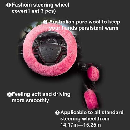Yontree Fashion Fluffy Steering Wheel Covers for Women/Girls/Ladies Australia Pure Wool 15 Inch1 Set 3 Pcs(Pink)