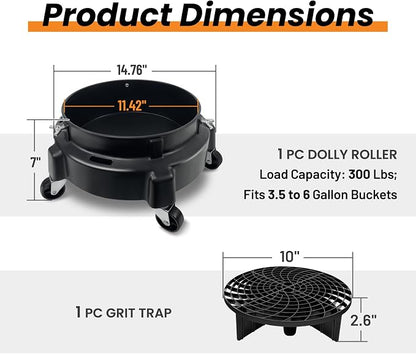 ROBLOCK 5 Gallon Bucket Dolly Roller with Wheels, Detailing Bucket Dolly with Dirt and Grit Traps Insert, Car Wash Accessories for Car Washing, Cleaning, Carrying